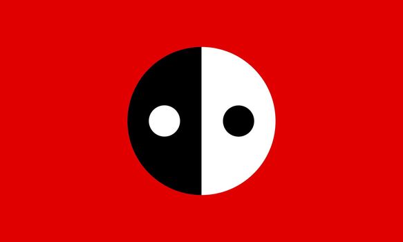 Top view of flag of Yinyang ren , no flagpole. Plane design, layout. Flag background. Freedom and love concept. Pride month, activism, community and freedom