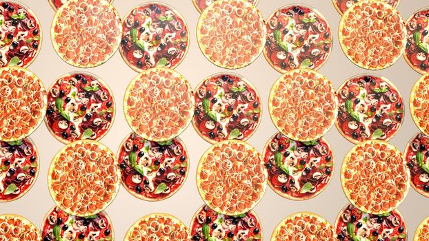 Endless pizza movement, advertising background. 3D rendering.
