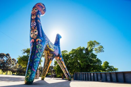 MELBOURNE, AUSTRALIA - OCTOBER 31, 2021: The iconic Angel sculpture by Debororah Halpern is a world famous piece of art situated on the banks of the Yarra River at Birrarung Marr in Melbourne, Victoria, Australia