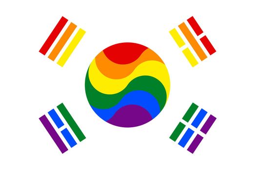 Top view of flag of South Korean, LGBT, no flagpole. Plane design, layout. Flag background. Freedom and love concept. Pride month, activism, community and freedom