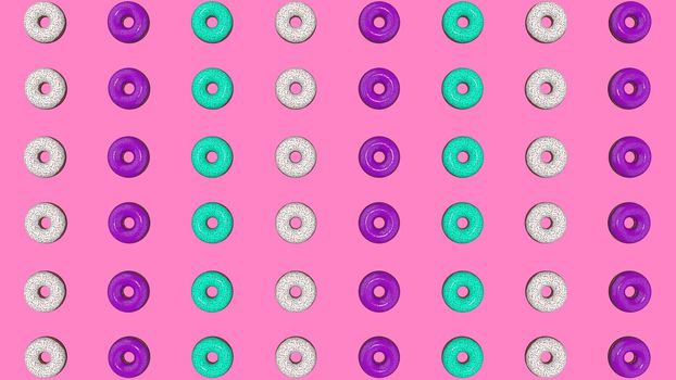 Abstract colorful animation, background of bright donuts. 3D rendering.