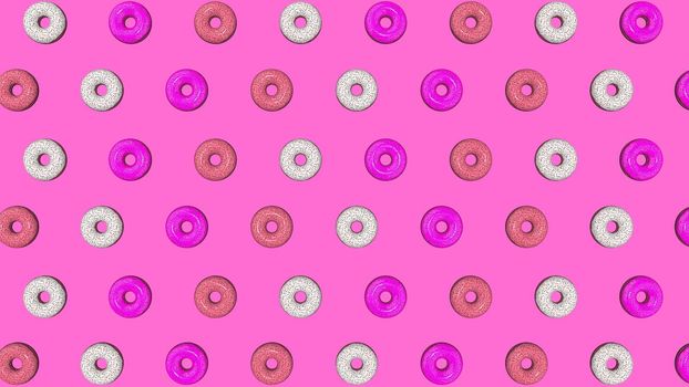 Abstract colorful animation, background of bright donuts. 3D rendering.