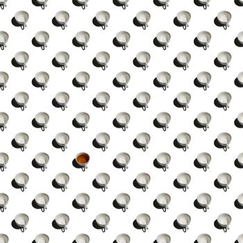 Pattern with lonely cup of tea and many empty cups on wite background.