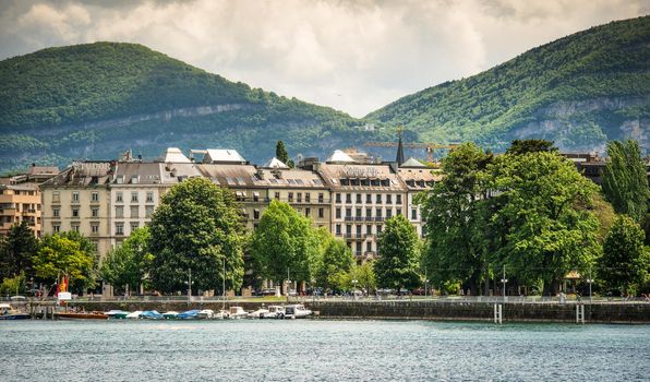 Geneve, Switzerland - 11 May 2014: view of the modern embankment and the center of Geneva, Switzerland