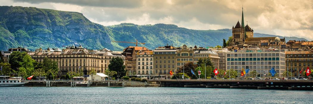 Geneve, Switzerland - 11 May 2014: panoramic view of the modern embankment and the center of Geneva, Switzerland