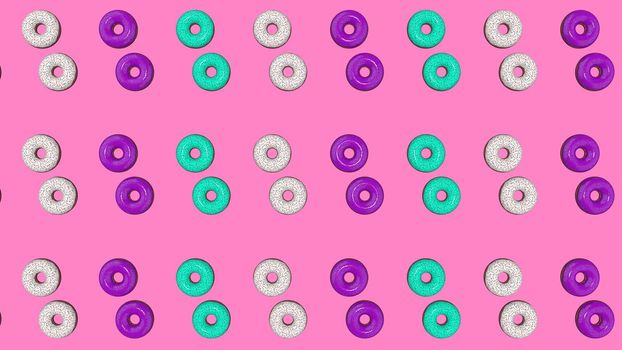 Abstract colorful animation, background of bright donuts. 3D rendering.