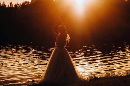 An elegant bride in a white dress enjoys nature at sunset.Model in a wedding dress in nature in the Park.Belarus.