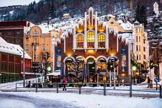 Bergen, Norway - December 27, 2014: evening the streets of Bergen at Christmas, Norway