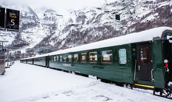 Flam, Norway - December 28, 2014: Station old Flam Railway. The Flam Line Norwegian: Flamsbana is a 20.2-kilometer long railway line between Myrdal and Flam in Aurland, Norway.