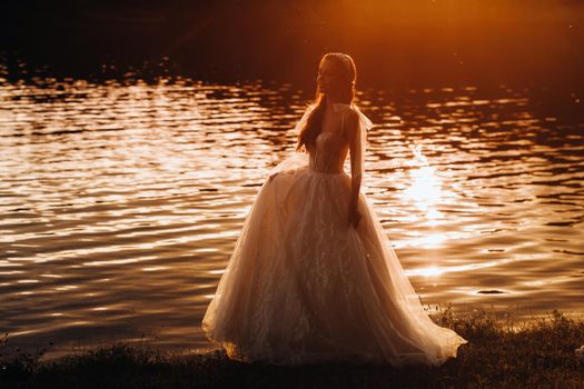 An elegant bride in a white dress enjoys nature at sunset.Model in a wedding dress in nature in the Park.Belarus.