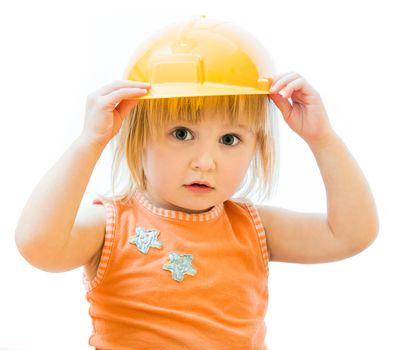 cute little kid with toy tools isolated on a white background