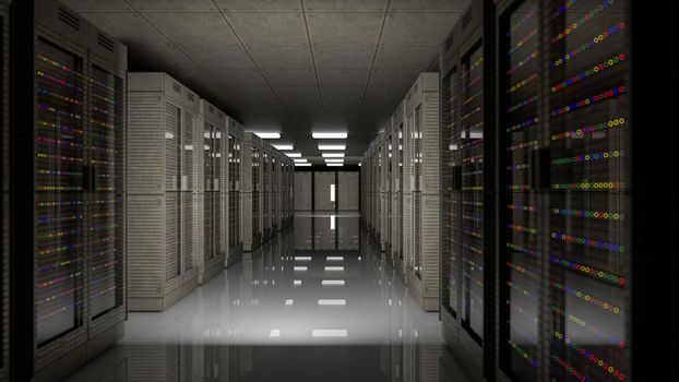 Servers racks in server room cloud data center. Datacenter hardware cluster. Backup, hosting, mainframe, mining, farm and computer rack with storage information. 3D rendering. 3D illustration