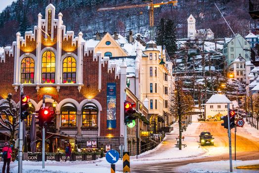 Bergen, Norway - December 27, 2014: evening the streets of Bergen at Christmas, Norway