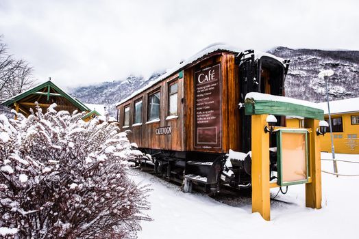 Flam, Norway - December 28, 2014: Station old Flam Railway. The Flam Line (Norwegian: Flamsbana) is a 20.2-kilometer long railway line between Myrdal and Flam in Aurland, Norway.