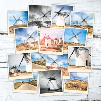 collage windmills of don quixote in cervantes consuegra castile-la mancha spain europe on wooden table