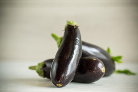 raw fresh ripe eggplants on a light wooden table