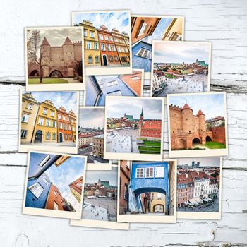collage of sights and beautiful views of Warsaw on wooden table
