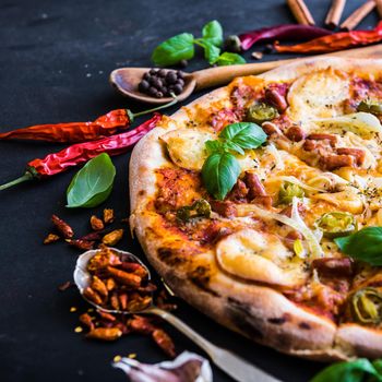 tasty pizza on a black background with spices and vegetables