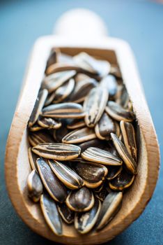 sunflower seeds in a wooden spoon