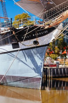 MELBOURNE, AUSTRALIA - OCTOBER 31, 2021: The Polly Woodside is a Belfast-built, three-masted, iron-hulled barque, preserved in Melbourne and forming the central feature of the South Wharf and Melbourne Convention Centre precinct