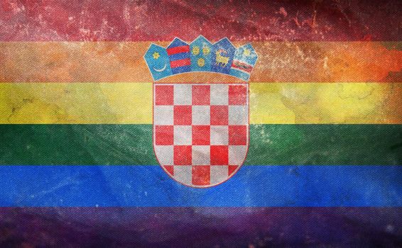 Top view of retro flag of Croatia, Gay with grunge texture, no flagpole. Plane design, layout. Flag background. Freedom and love concept. Pride month, activism, community and freedom