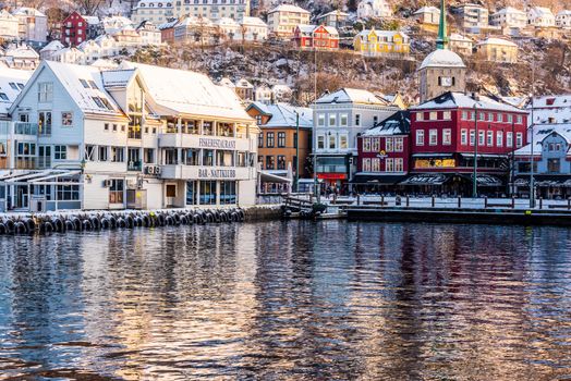 Bergen, Norway - December 27, 2014: Famous Bryggen and old houses in the center of Bergen at Christmas, Norway