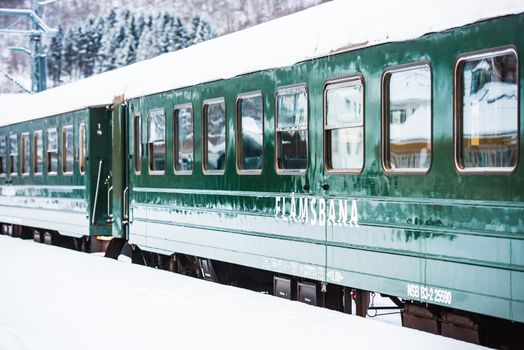 Flam, Norway - December 28, 2014: Station old Flam Railway. The Flam Line (Norwegian: Flamsbana) is a 20.2-kilometer long railway line between Myrdal and Flam in Aurland, Norway.