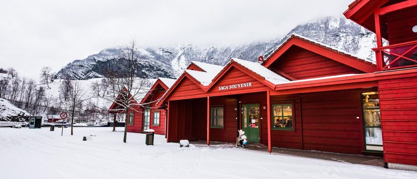 Flam, Norway - December 28, 2014: Station old Flam Railway. The Flam Line (Norwegian: Flamsbana) is a 20.2-kilometer long railway line between Myrdal and Flam in Aurland, Norway.