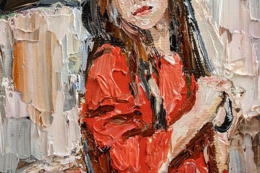 .Girl in the rain with an umbrella in her hands. A woman in a red sweater. Oil painting on canvas.