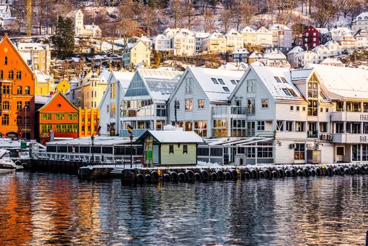 Bergen, Norway - December 27, 2014: Famous Bryggen and old houses in the center of Bergen at Christmas, Norway