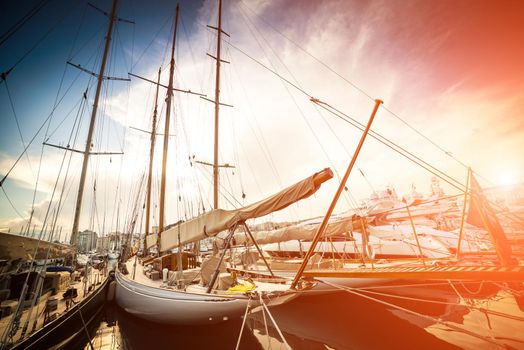 Beautiful marina view, sailboats and motorboats in port