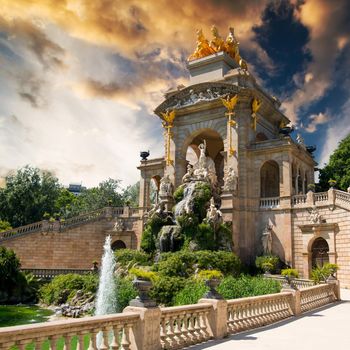 Beautiful view fountain at the zoo of Barcelona at sunset