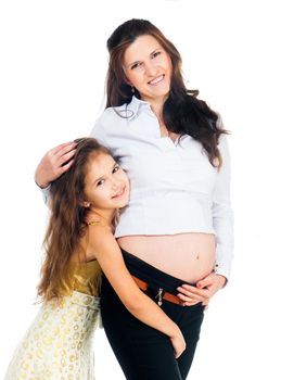 cute little girl and her pregnant mother isolated on white background