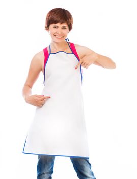 Young beautiful woman in apron isolated on white