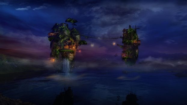 Fantastic night landscape with flying islands over the lake. 3D render.