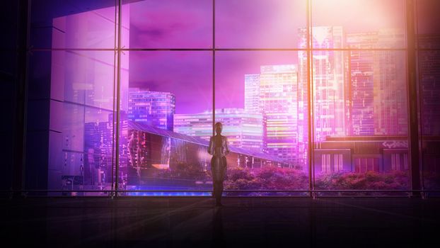 In an empty room, a robot stands in front of a window overlooking city night lights. 3D render.