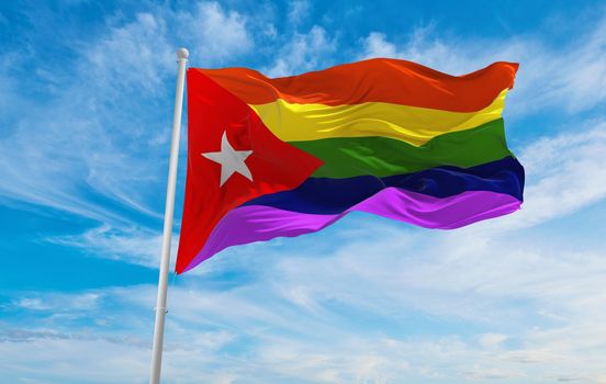 flag of LGBT, Cuba waving in the wind at cloudy sky. Freedom and love concept. Pride month. activism, community and freedom Concept. Copy space. 3d illustration