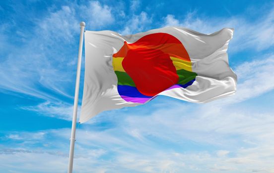 flag of LGBT, Japan waving in the wind at cloudy sky. Freedom and love concept. Pride month. activism, community and freedom Concept. Copy space. 3d illustration
