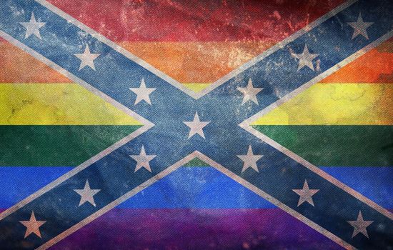 Top view of retro flag of Confederate, LGBT with grunge texture, no flagpole. Plane design, layout. Flag background. Freedom and love concept. Pride month, activism, community and freedom
