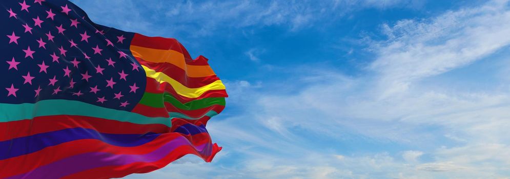flag of USA, Gay waving in the wind at cloudy sky. Freedom and love concept. Pride month. activism, community and freedom Concept. Copy space. 3d illustration