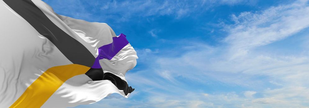 flag of X-gender waving in the wind at cloudy sky. Freedom and love concept. Pride month. activism, community and freedom Concept. Copy space. 3d illustration