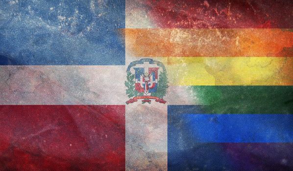 Top view of national lgbt retro flag of Dominican Republic with grunge texture, no flagpole. Plane design, layout. Flag background. Freedom and love concept, Pride month. activism, community and freedom