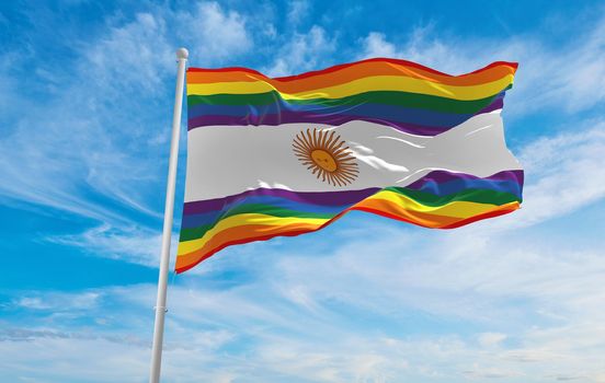 flag of LGBT, Argentina waving in the wind at cloudy sky. Freedom and love concept. Pride month. activism, community and freedom Concept. Copy space. 3d illustration