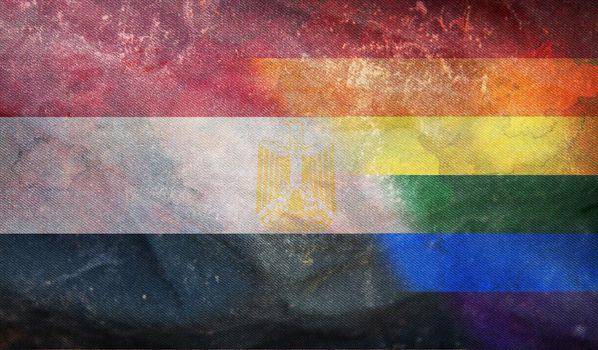 Top view of national lgbt retro flag of Egypt with grunge texture, no flagpole. Plane design, layout. Flag background. Freedom and love concept, Pride month. activism, community and freedom