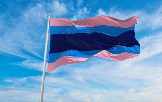 flag of Kiwisexual waving in the wind at cloudy sky. Freedom and love concept. Pride month. activism, community and freedom Concept. Copy space. 3d illustration