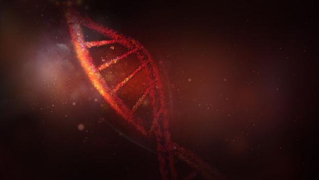 Damaged DNA double helix on a dark red background, 3D render.