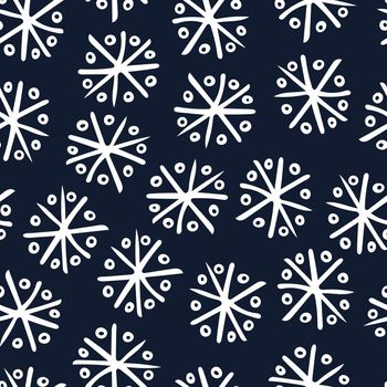 Seamless Pattern with White Snowflakes on Dark Blue Background. Abstract Hand-Drawn Doodle Snowflakes.