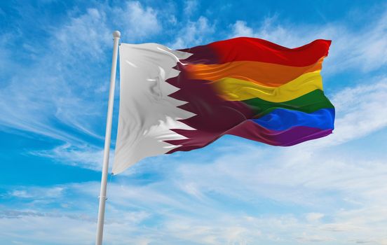 national lgbt flag of Qatar flag waving in the wind at cloudy sky. Freedom and love concept. Pride month. activism, community and freedom Concept. Copy space. 3d illustration