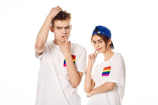 young couple lgbt Flag transgender lifestyle light background. High quality photo