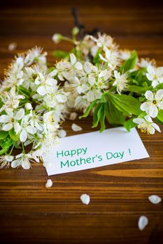 greeting card for mother and blooming spring branch with flowers, on wooden background